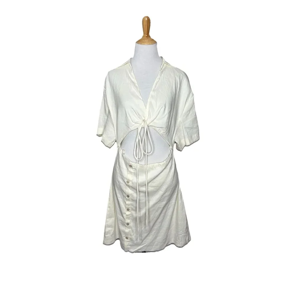 ZARA White Mini Cut Out Short Sleeve Collar Linen Blend Dress Size XL NWOT